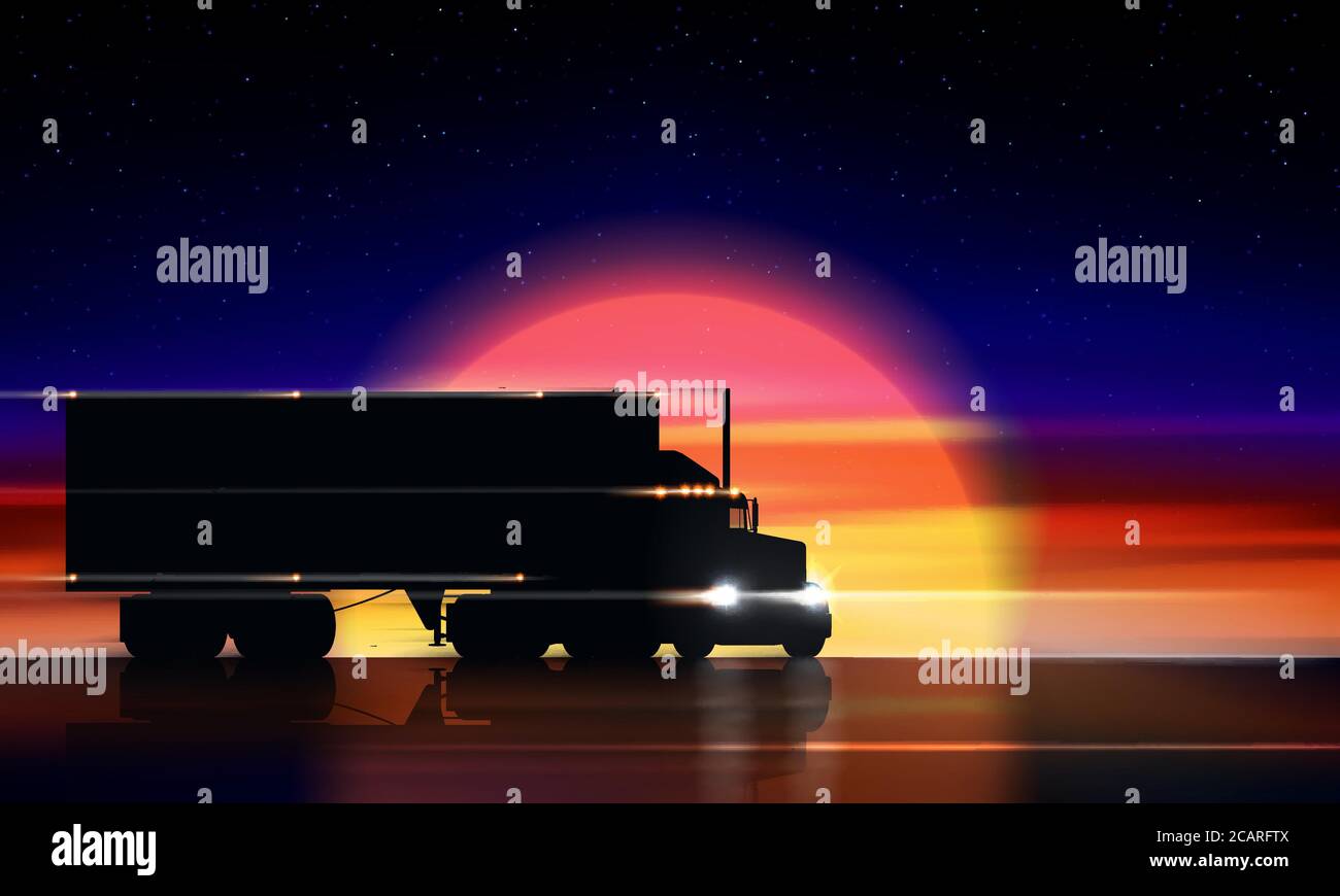 LKW bewegt sich auf der Autobahn bei Sonnenuntergang. Classic Big Rig Semi-Truck mit Scheinwerfer und trocken van im Dunkeln auf der Nachtstraße Stock Vektor