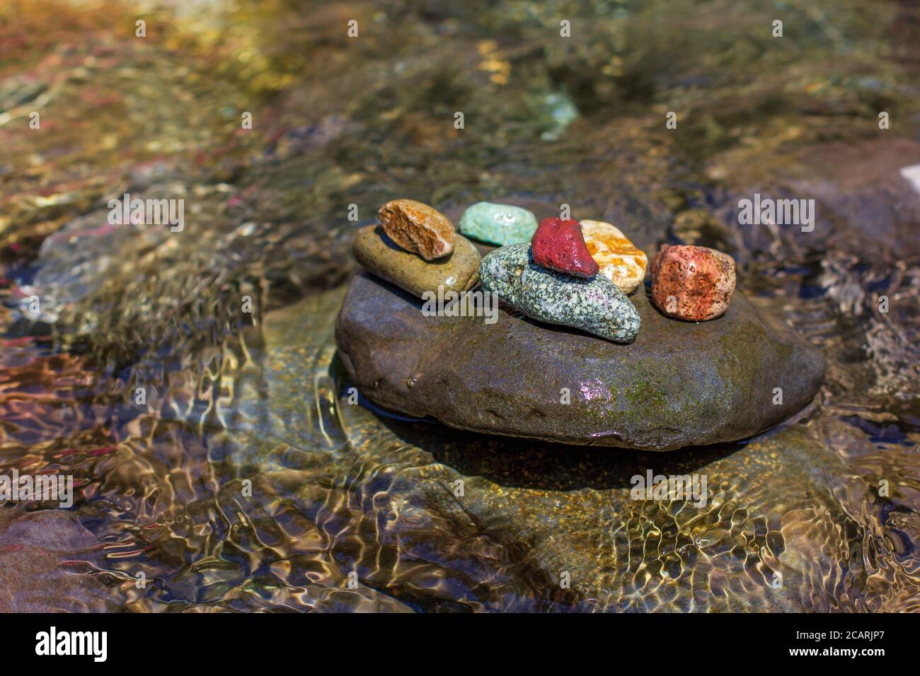 Sammlung von bunten nassen Flussfelsen sitzt auf einem größeren Felsen in einem flachen Flussbett. Stockfoto