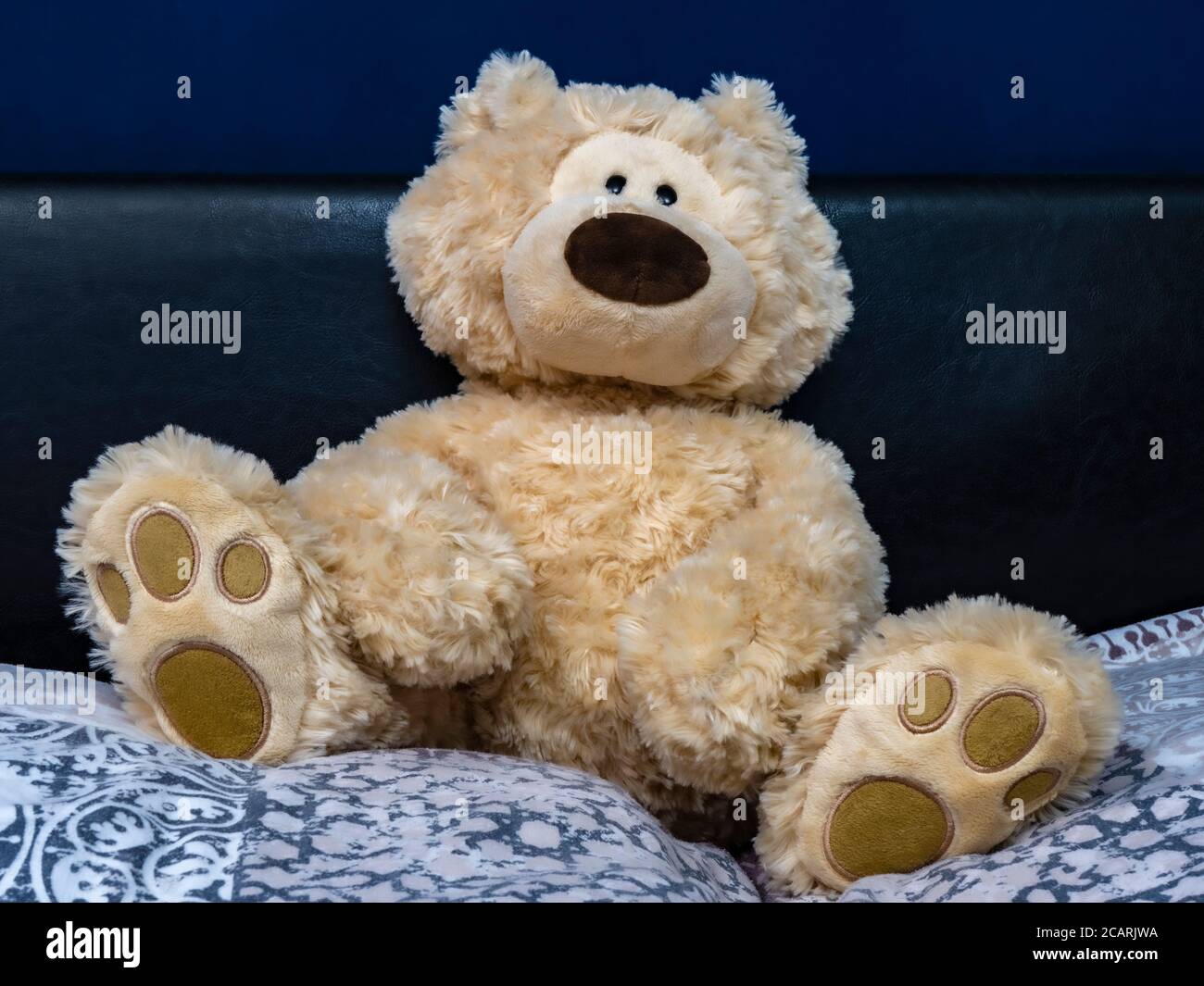 Ein weicher, kuscheliger Teddybär, der sich auf Kissen am Kopfteil im Kinderzimmer entspannt und der Kamera zugewandt ist. Stockfoto