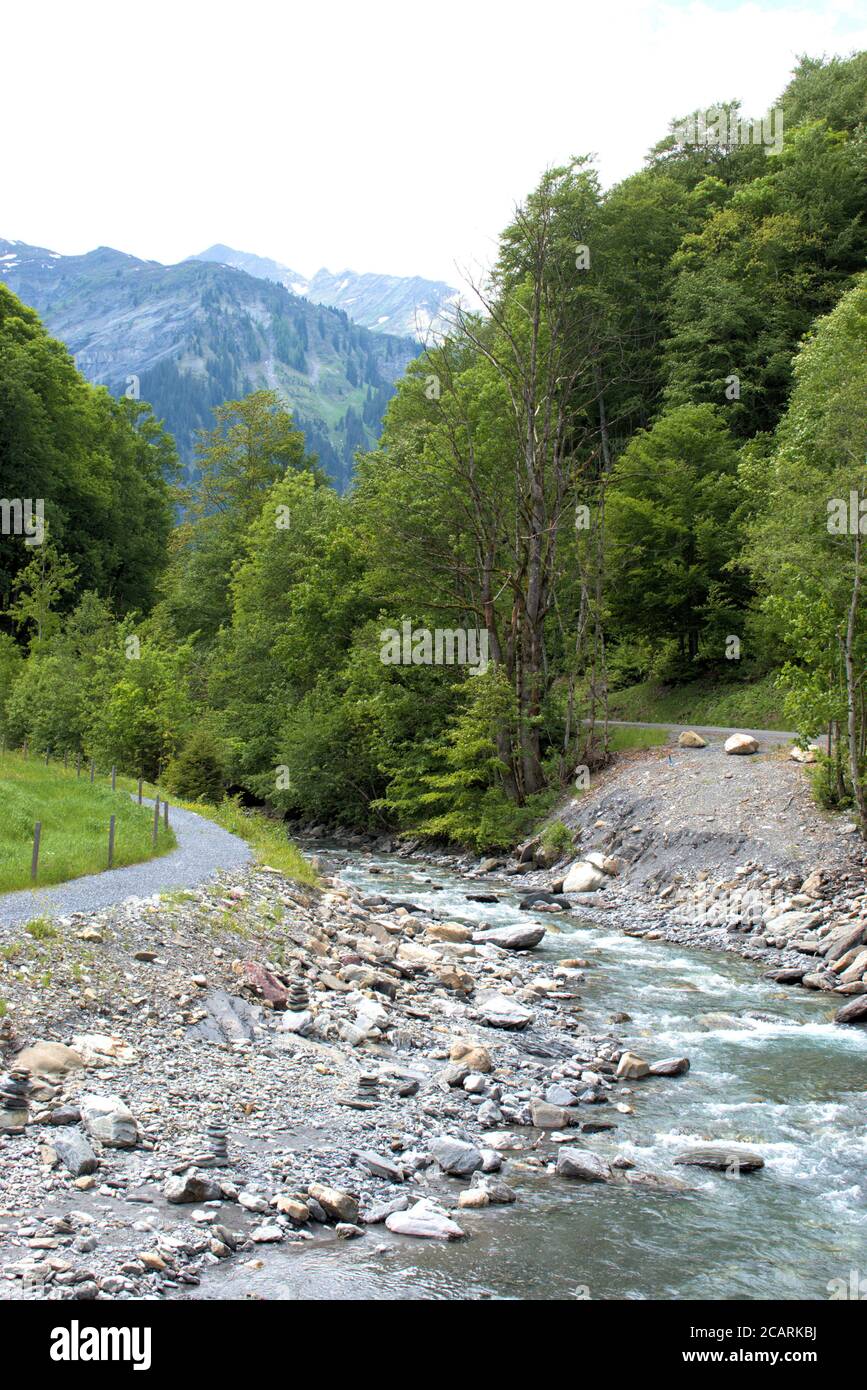 Kleiner Alpenfluss in der Schweiz Stockfoto