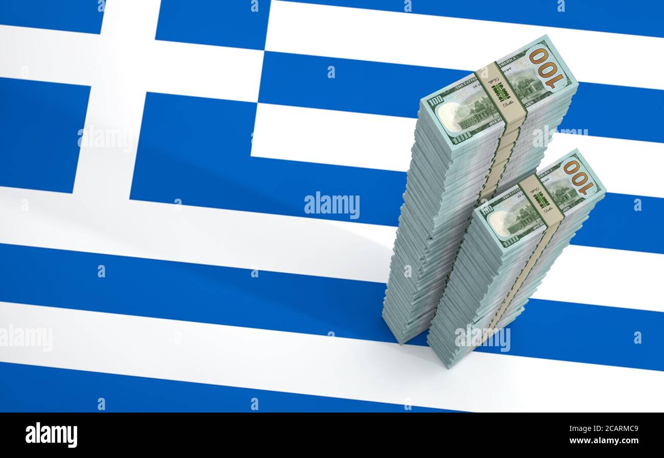 Stapel von 100-Dollar-Banknoten auf griechischer Nationalflagge. Platz auf der linken Seite kopieren. 3D-Rendering Stockfoto