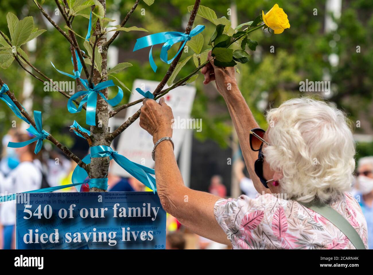 Eine ältere Frau, die eine Blume zwischen blauen Bändern an einen Baum gebunden hat, um das von COVID-19 in Basildon, Großbritannien, getötete Gesundheitspersonal zu ehren. 540 tote Frontlinie Stockfoto
