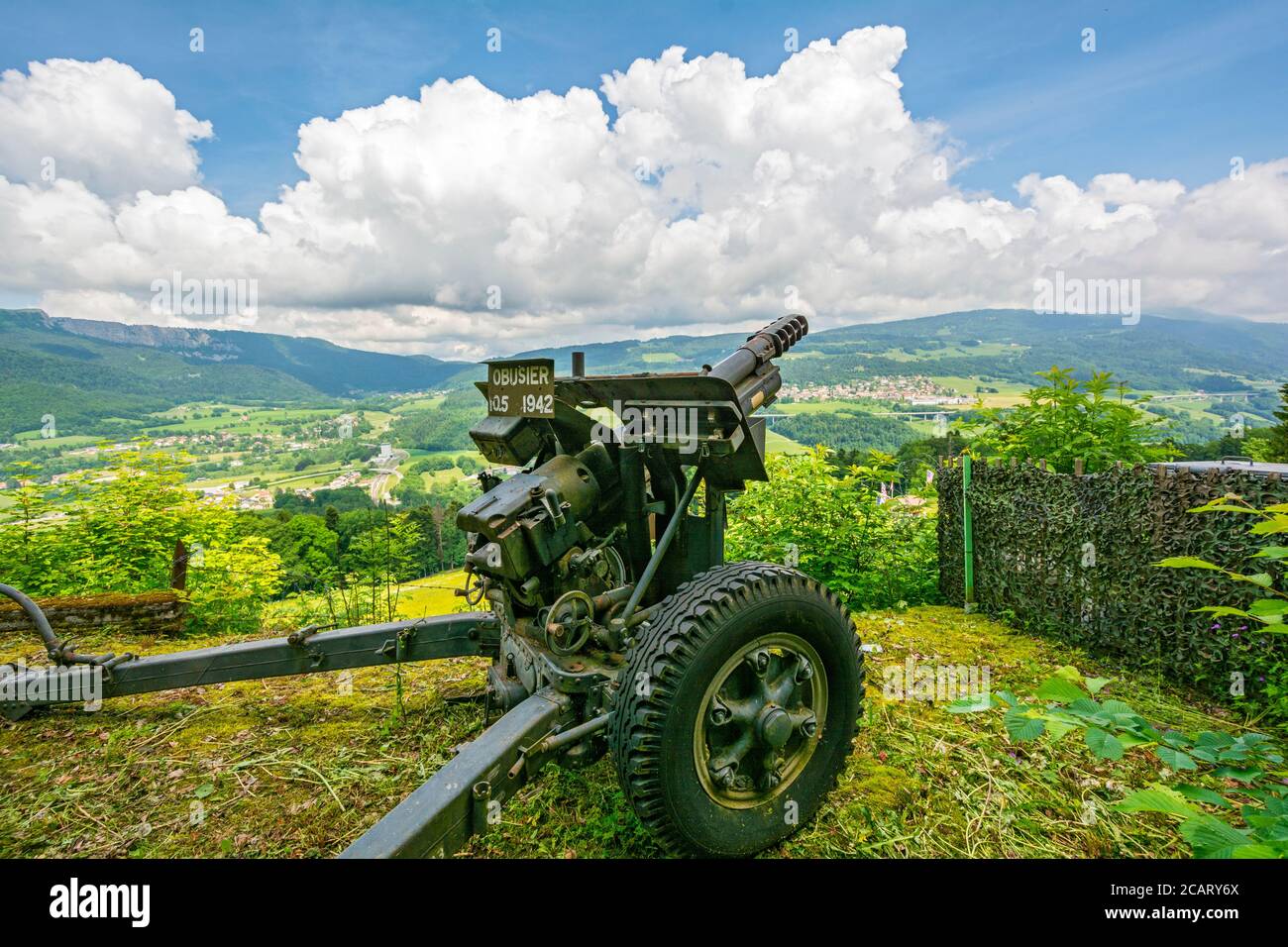 Schweiz, Kanton Waadt, Vallorbe, Festung des Zweiten Weltkriegs und Artillerie Lage gegenüber der französischen Grenze Stockfoto