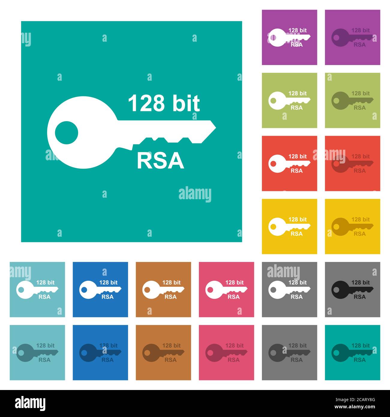 128-Bit-rsa-Verschlüsselung mehrfarbige flache Symbole auf einfachen quadratischen Hintergründen. Weiße und dunklere Symbolvarianten für schwebe- oder aktive Effekte. Stock Vektor