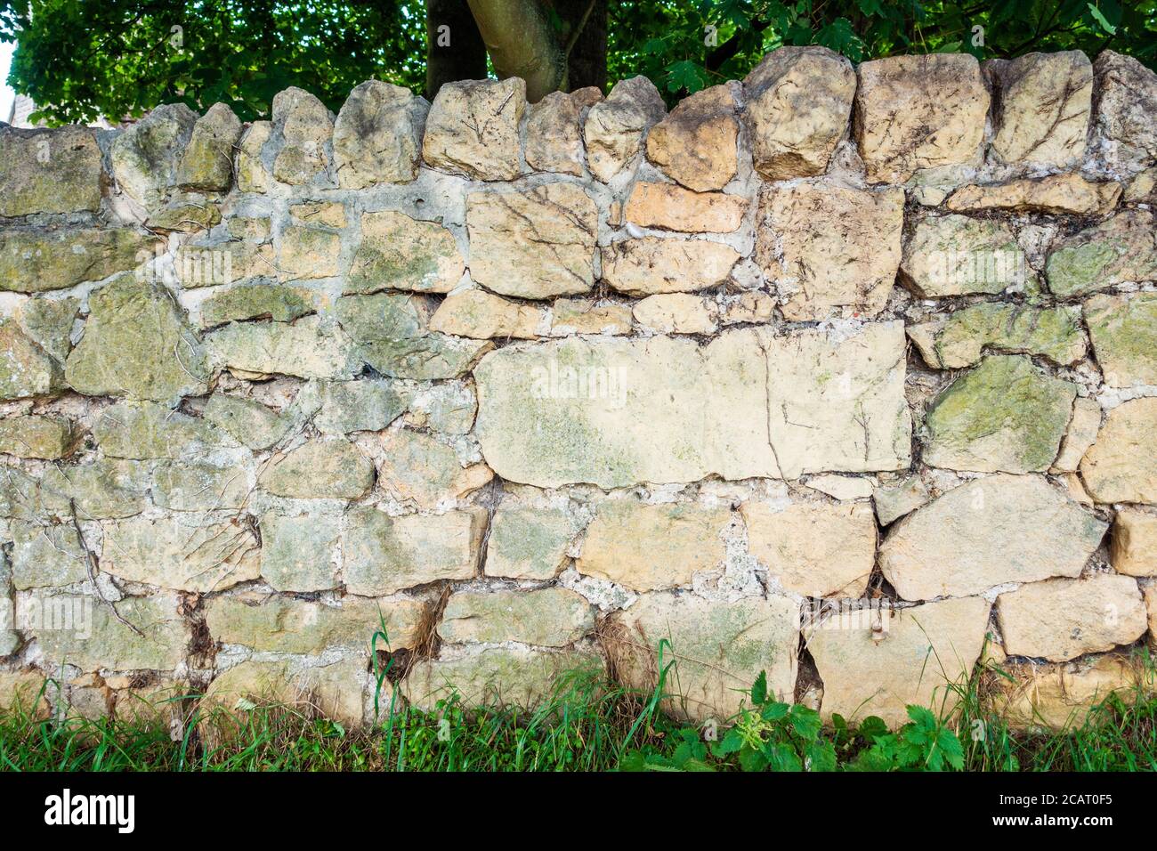 Alte Steinmauer hält etwas Land zurück Stockfoto