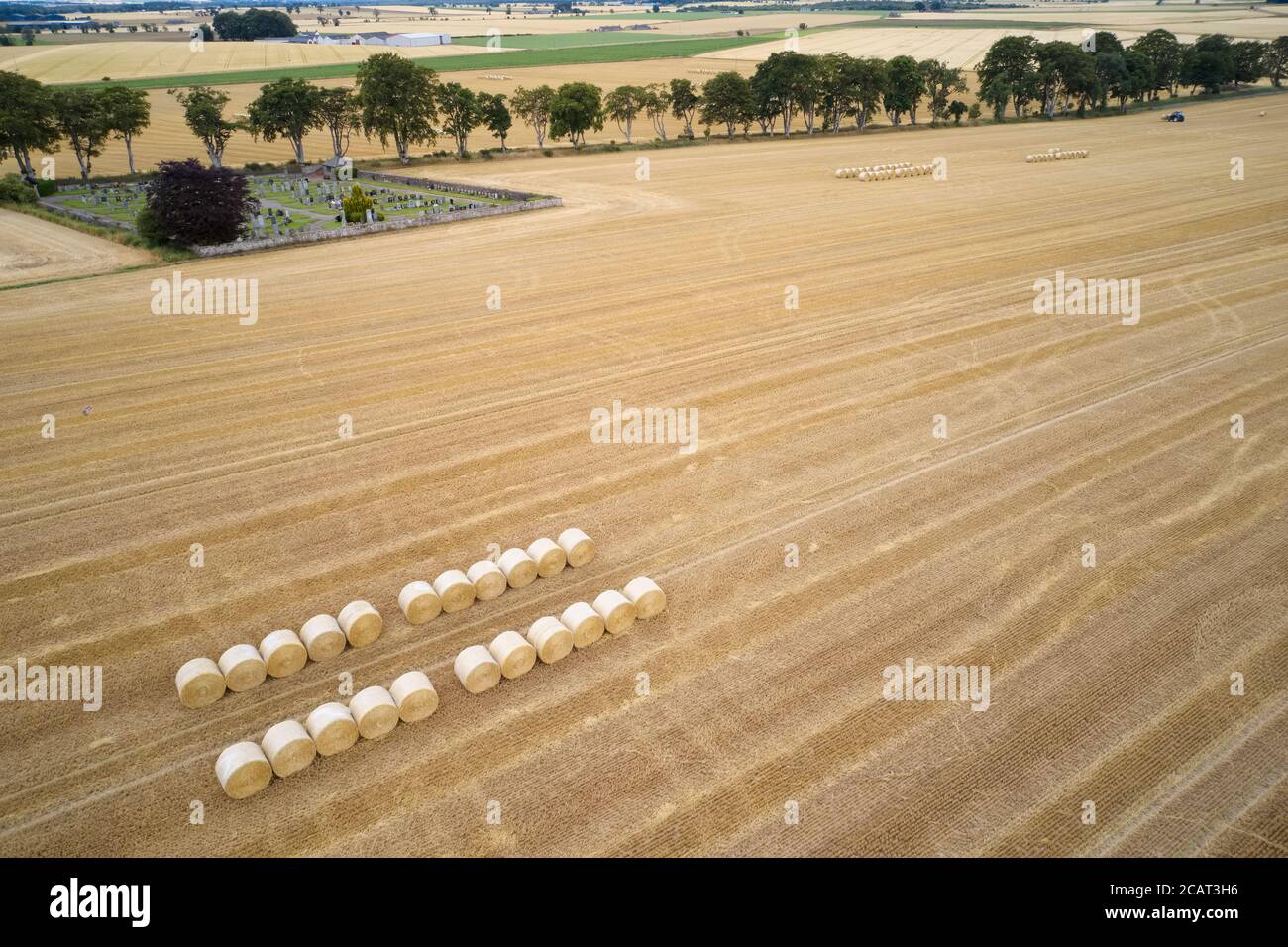 Heuballen, die vom Landwirt auf dem Bauernhof im Feld gerollt werden Für die Ernte Stockfoto