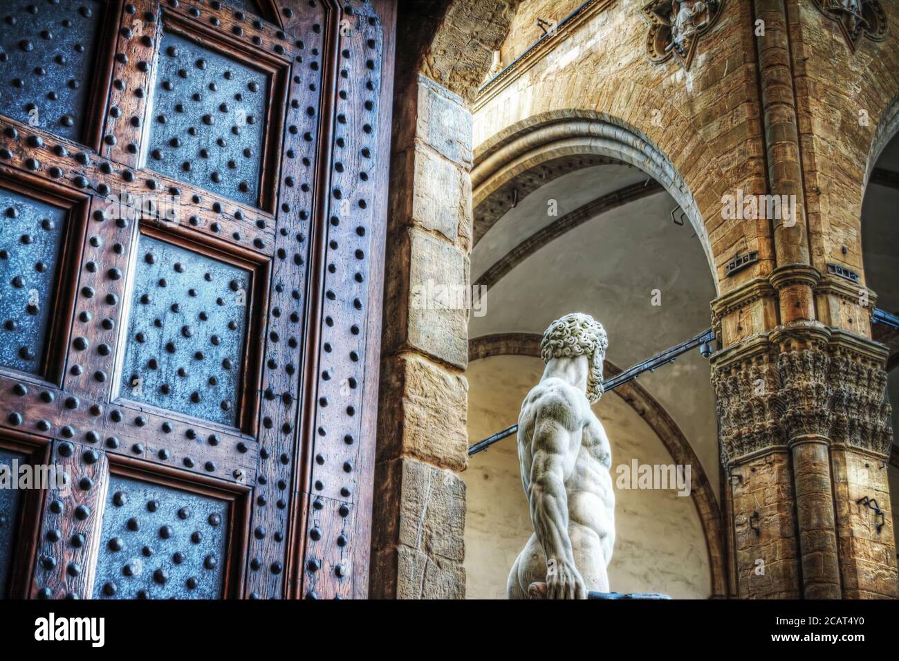 Herkules Statue auf der Piazza della Signoria vom Palazzo Vecchio Innenraum aus gesehen, Italien Stockfoto