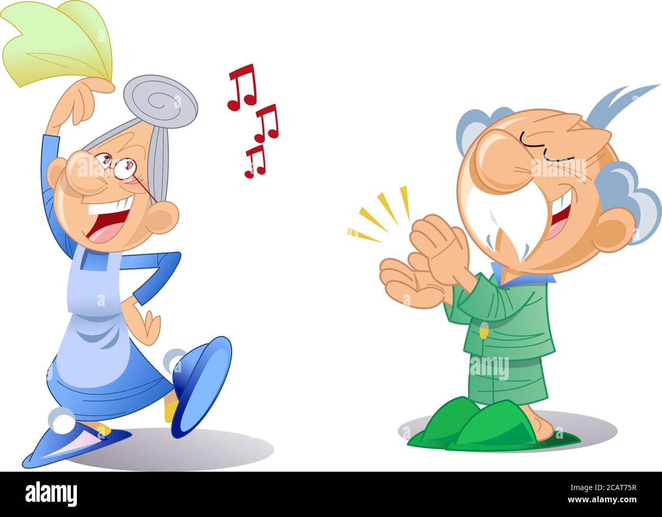 Die Vektorgrafik zeigt ein älteres aktives Paar im Cartoon-Stil. Oma tanzt und Großvater applaudiert ihr. Stock Vektor