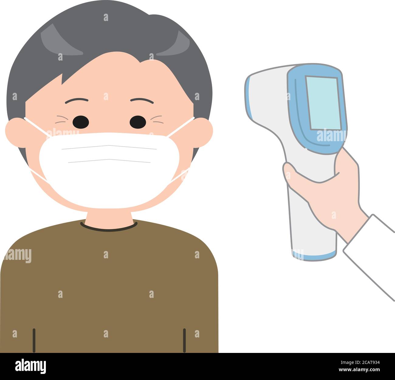 Krankenschwester oder Arzt überprüft die Körpertemperatur des Mannes mittleren Alters mit Infrarot-Stirnthermometer Pistole für Korona. Stock Vektor