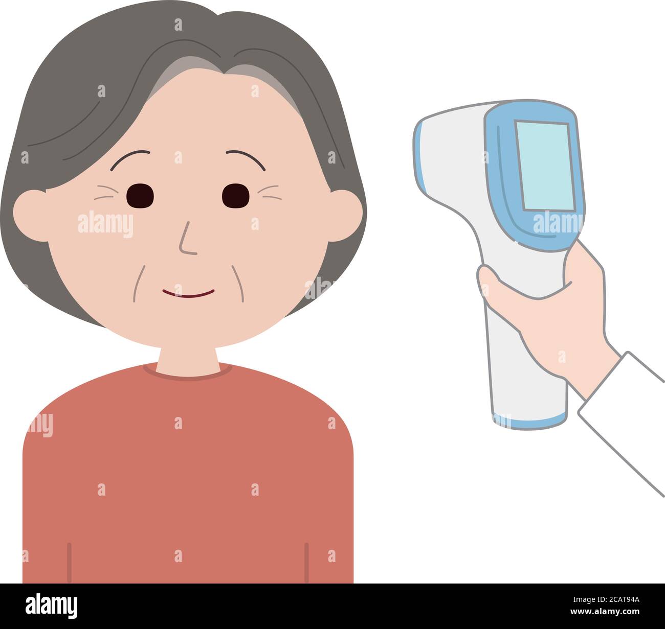 Krankenschwester oder Arzt überprüft die Körpertemperatur von Frauen mittleren Alters mit Infrarot-Stirn-Thermometer Pistole auf Coronavirus. Isoliert auf weißem Hintergrund. Stock Vektor