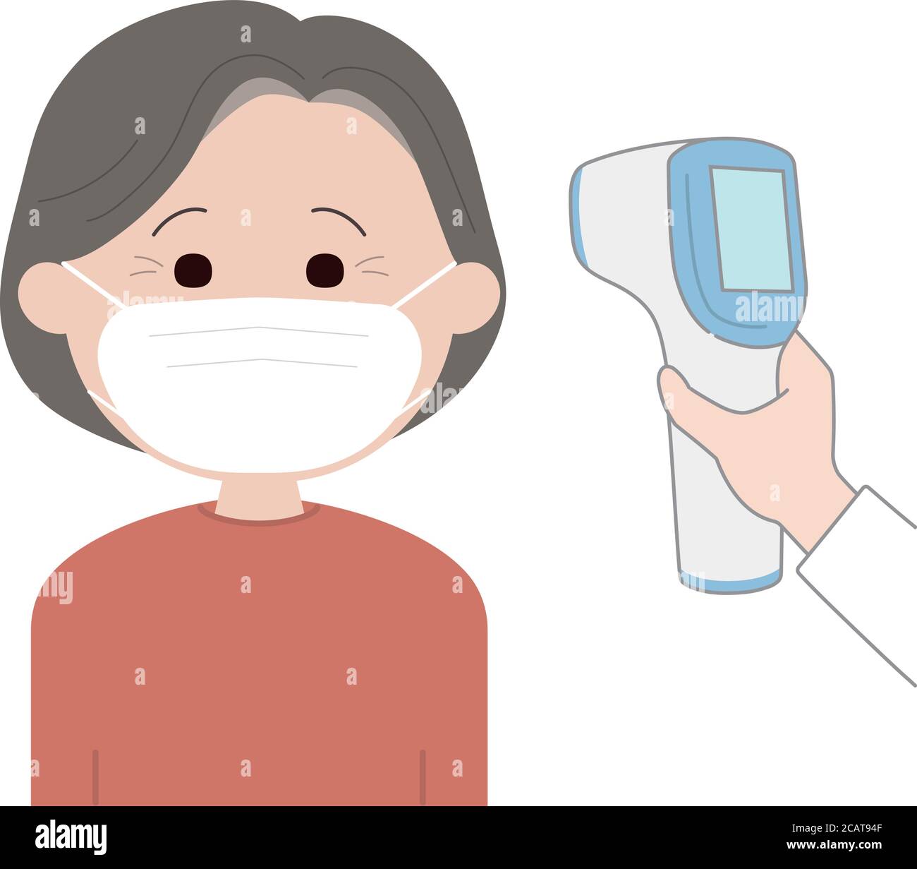 Krankenschwester oder Arzt überprüft die Körpertemperatur der Frau mittleren Alters mit Infrarot-Stirn-Thermometer Pistole auf Corona-Virus. Stock Vektor
