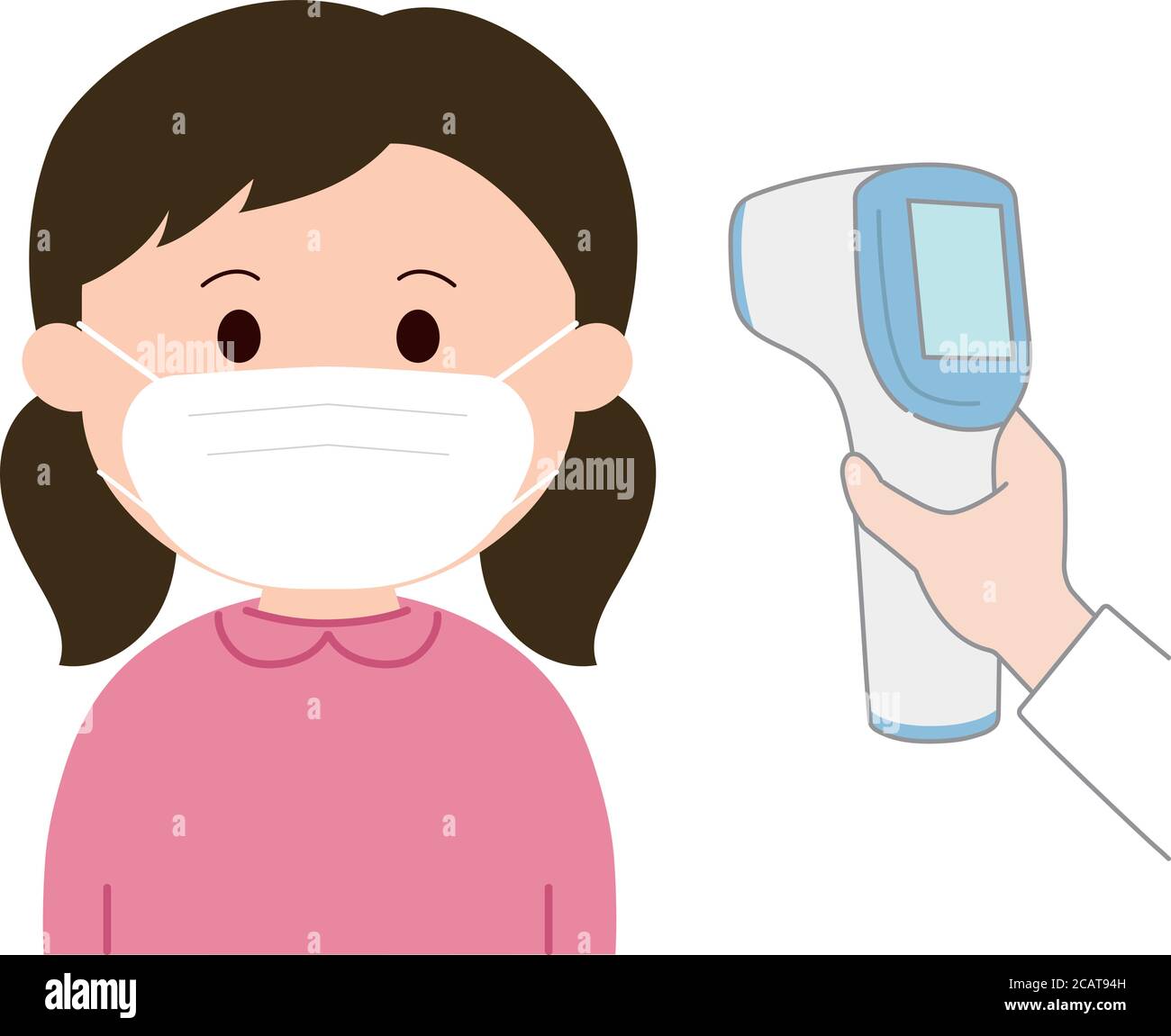 Mädchen trägt eine medizinische Maske Messung einer Körpertemperatur mit Infrarot-Thermometer Pistole für Corona-Virus. Stock Vektor