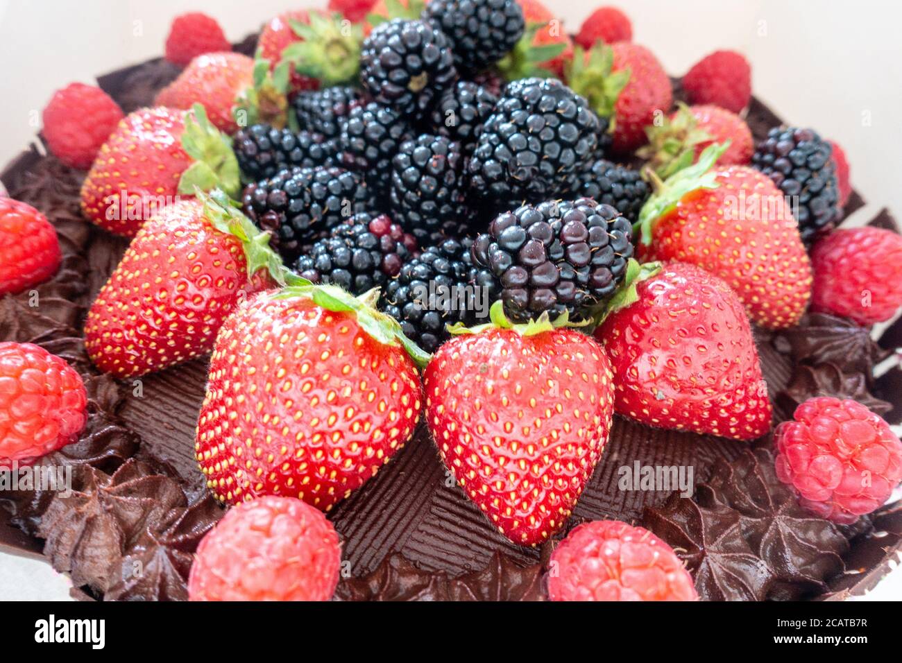 Sommerfrüchte, Erdbeeren, Himbeeren und Brombeeren schmücken die Spitze eines Schokoladenkuchens, Stockfoto