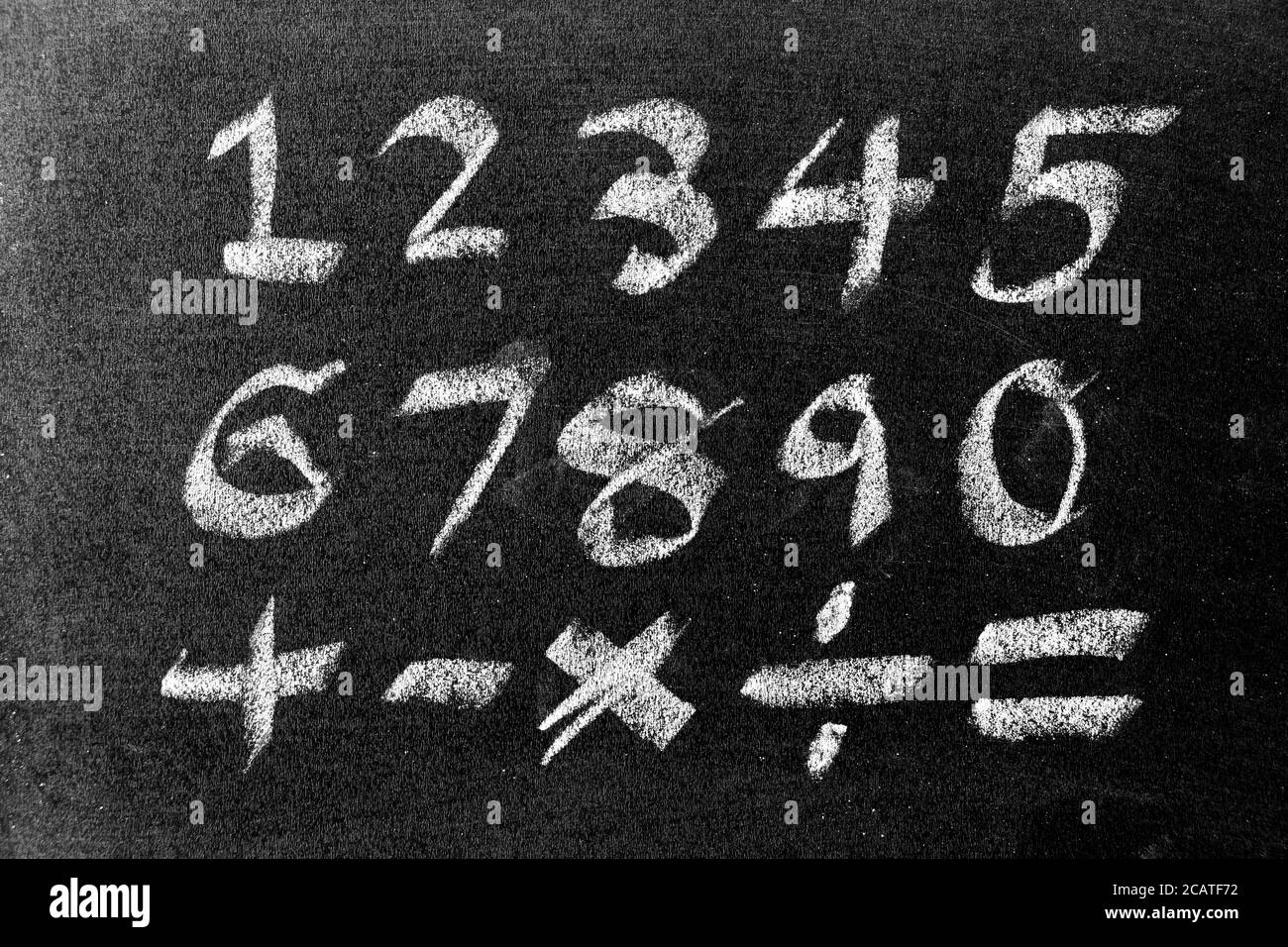Weiße Kreide Handzeichnung der Zahl und Mathematik Symbol (Plus, Minus ...
