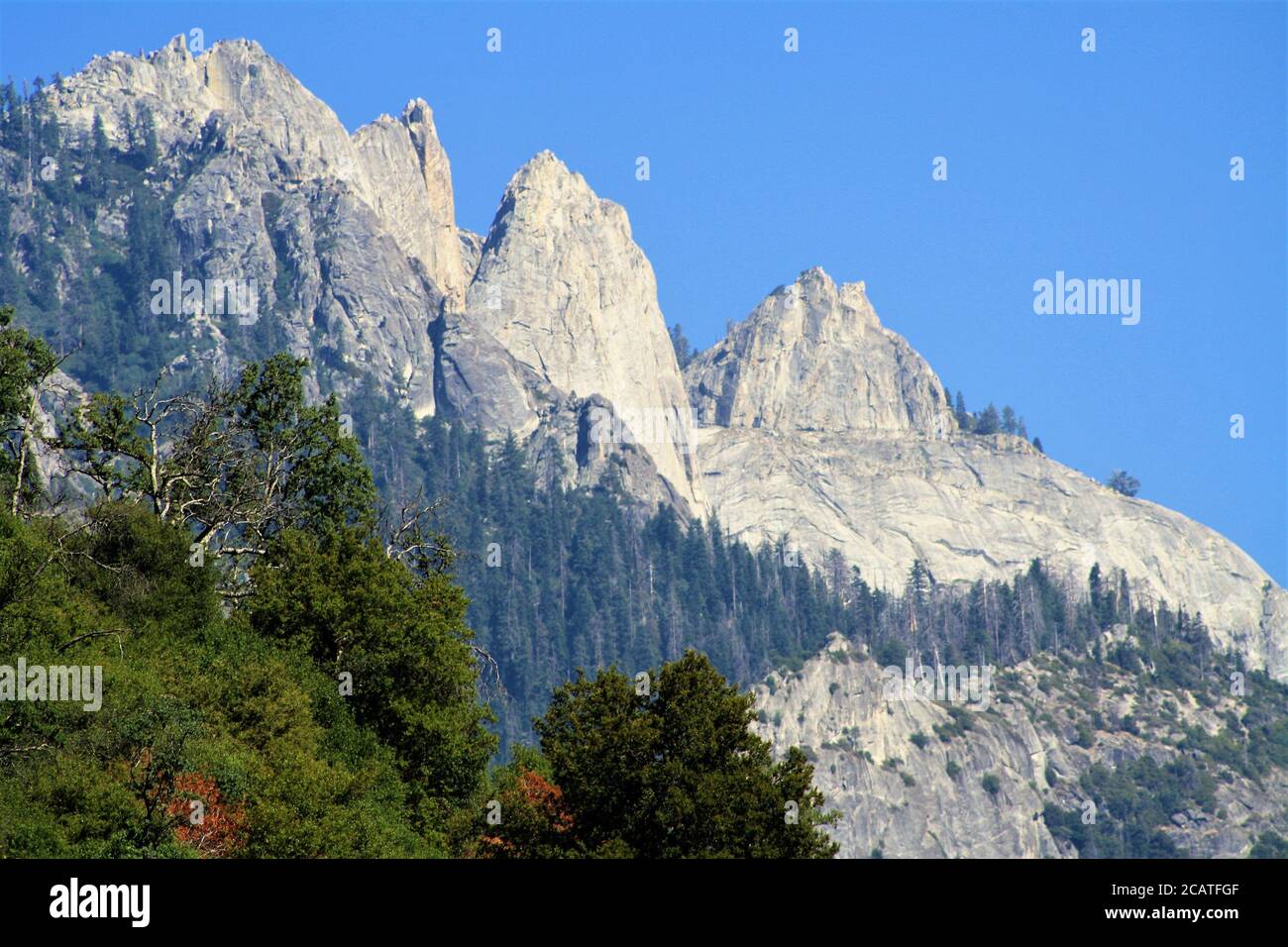 Nahaufnahme der drei White Granite Mountain Peaks, Sequoia National Park, California, USA Stockfoto
