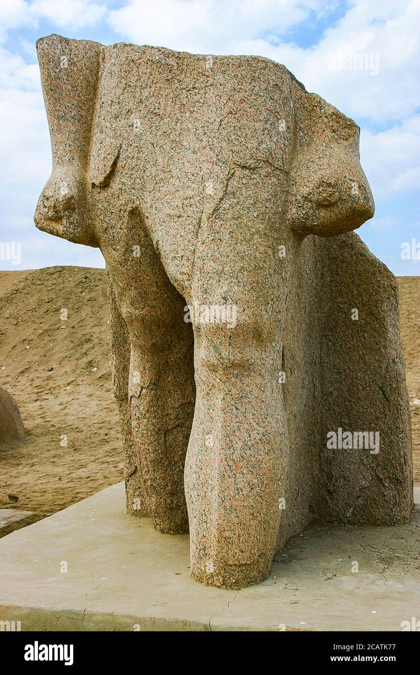 Ägypten, Nildelta, Tanis, Relief auf dem modernen Prozessionsweg zum Tempel: Unterer Teil einer Statue, stempelender König. Stockfoto
