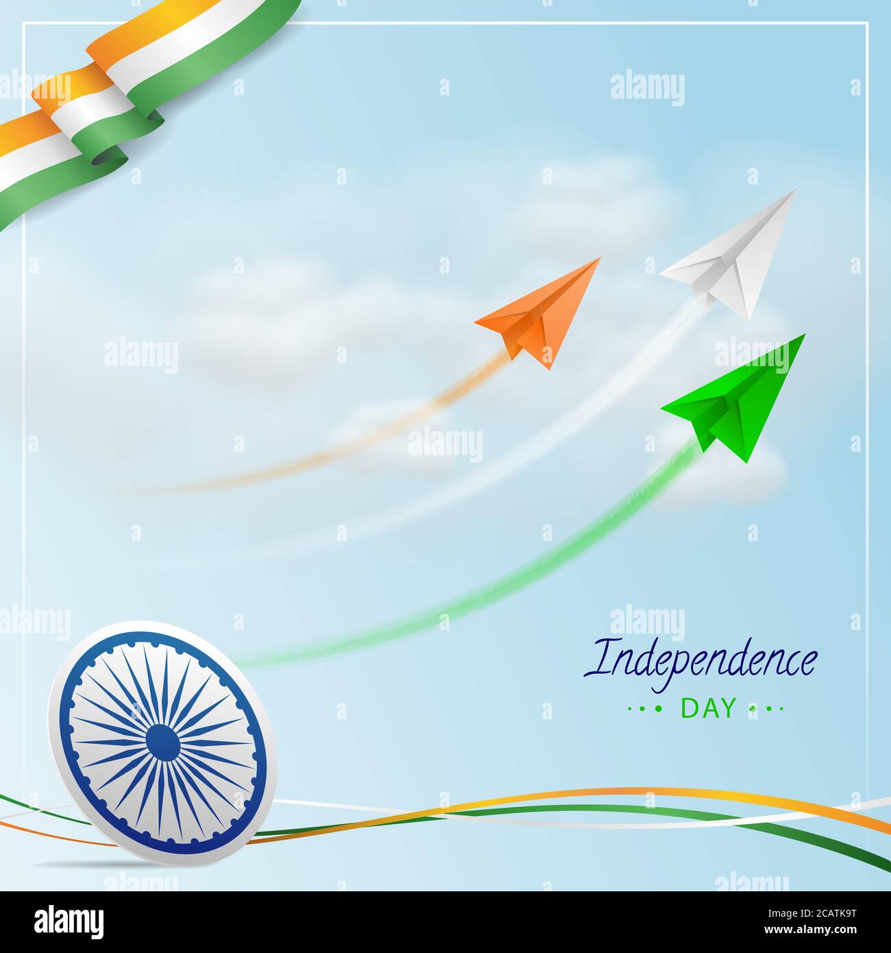 Indian Independence Day mit indischen Tri Farben fliegenden Papier Jet Flugzeuge mit Trails, Ashoka Rad, National Indian Flag Tricolors Welle auf Bewölkt Blau Stock Vektor