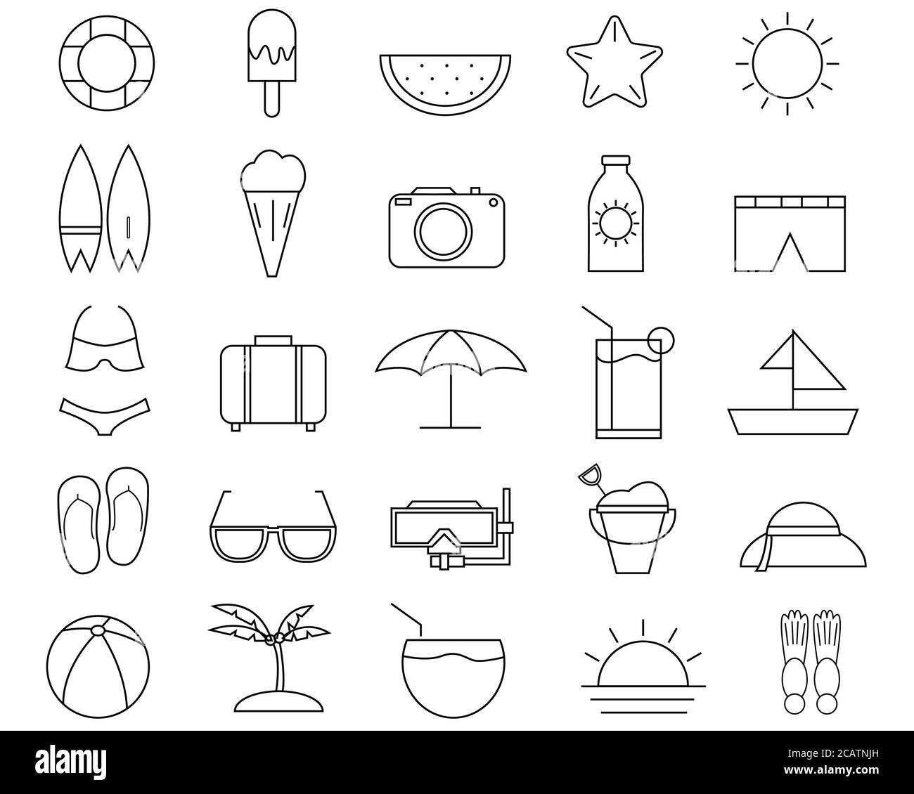 Illustration Vektor Design von Sommer Symbol Umriss Vorlage. 25 Symbolsatz. Stock Vektor