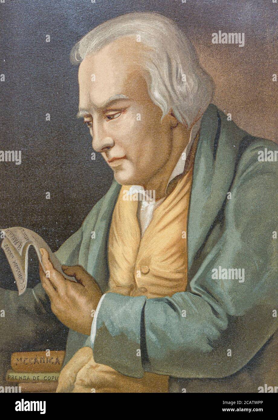 James Watt FRS FRSE [Jaime Watti] (19. Januar 1736 – 25. August 1819) war ein schottischer Erfinder, Maschinenbauingenieur und Chemiker, der 1712 Thomas Newcomens 1776 Newcomens Dampfmaschine mit seiner Watt-Dampfmaschine verbesserte, Das war grundlegend für die Veränderungen, die durch die industrielle Revolution in seiner Heimat Großbritannien und dem Rest der Welt gebracht. Aus dem Buch La ciencia y sus hombres : vidas de los sabios ilustres desde la antigüedad hasta el siglo XIX T. 3 [Wissenschaft und ihre Männer: Leben der berühmten Weisen von der Antike bis zum 19. Jahrhundert Vol 3] von Figuier, Louis, (1819-1894 Stockfoto