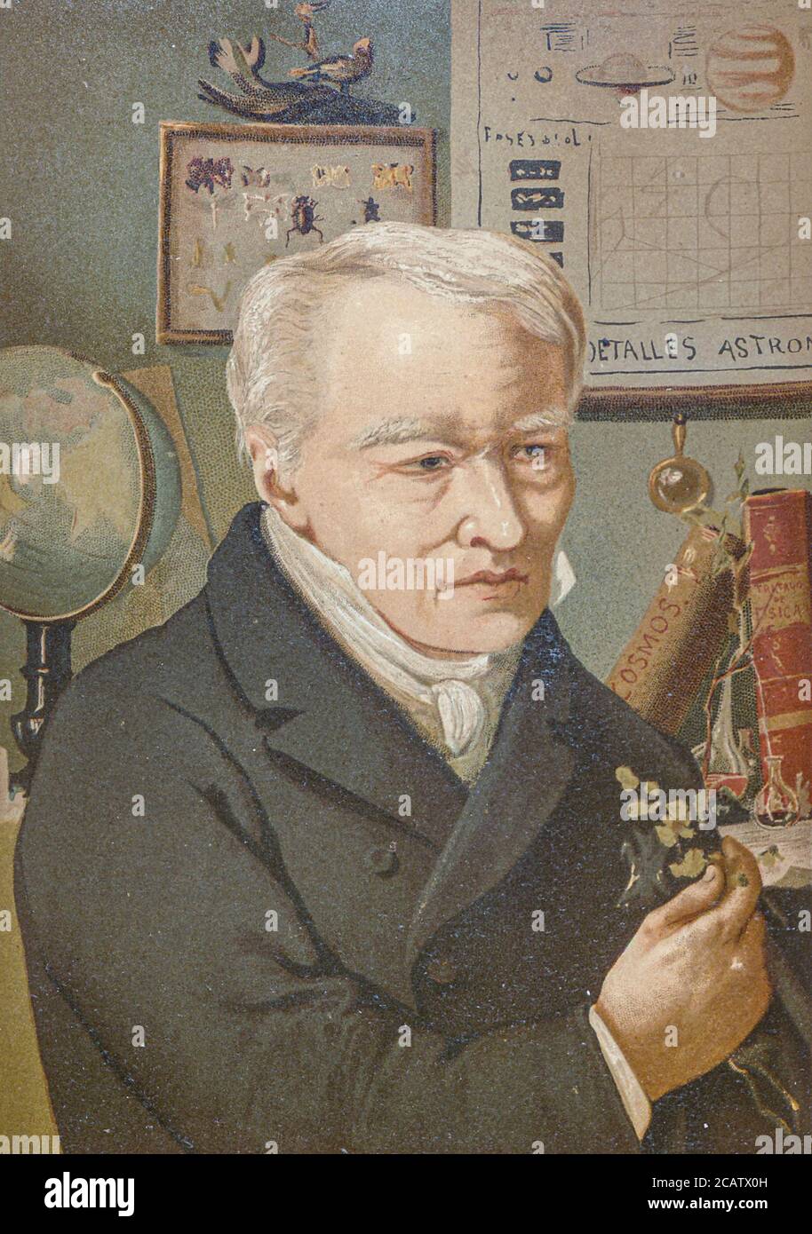 Friedrich Wilhelm Heinrich Alexander von Humboldt [Alejandro de Humboldt] (14. September 1769 – 6. Mai 1859) war ein preußischer Universalgelehrter, Geograph, Naturforscher, Forscher und Verfechter der Philosophie und Wissenschaft der Romantik. Humboldts quantitative Arbeit zur botanischen Geographie legte den Grundstein für den Bereich der Biogeographie. Humboldts Befürwortung langfristiger systematischer geophysikalischer Messungen legte den Grundstein für eine moderne geomagnetische und meteorologische Überwachung. Aus dem Buch La ciencia y sus hombres : vidas de los sabios ilustres desde la antigüedad hasta el siglo XIX T. 3 [Wissenschaft und ihre Männer: liv Stockfoto