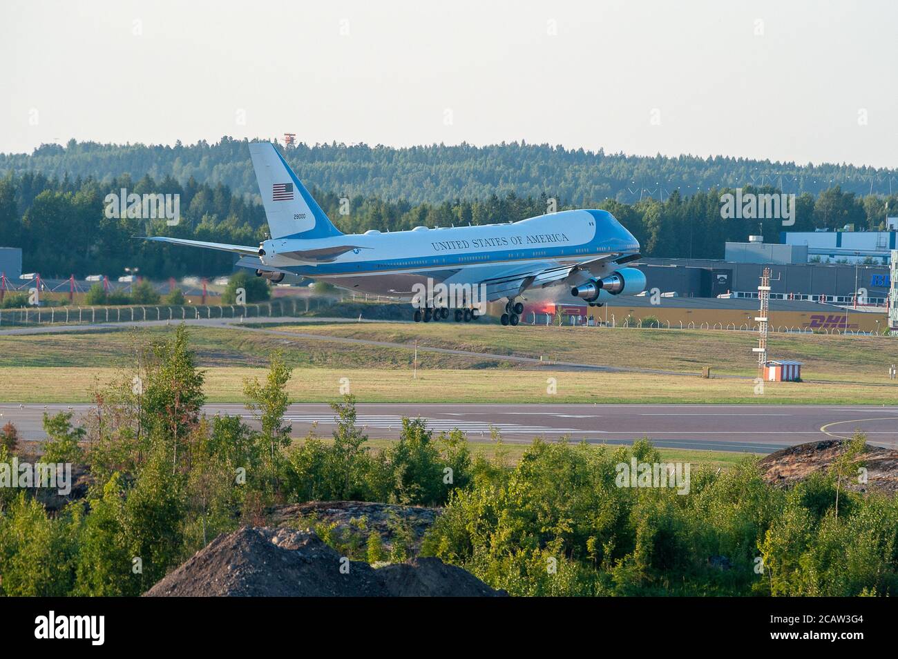 Helsinki / Finnland - 15. Juli 2018: Donald Trump ist auf dem Gipfel 2018 in Helsinki angekommen, um den Präsidenten der Russischen Föderation, Wladimir Putin, zu treffen. Air Force One la Stockfoto