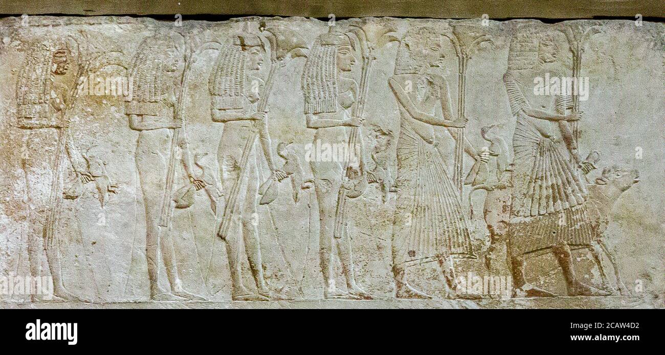 Ägypten, Kairo, Ägyptisches Museum, Relief des Goldschmieds Amenemonet, Ende der Dynastie 18, Saqqara : Angebot bringers. Stockfoto