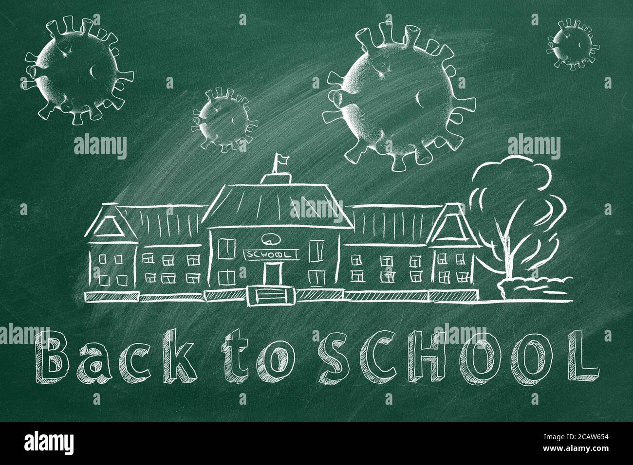 Schulgebäude, Coronavirus-Zellen und Schriftzug Back to School werden mit Kreide auf eine Tafel gezeichnet. Covid-19-Konzept. Beginn des neuen Schuljahres 2 Stockfoto