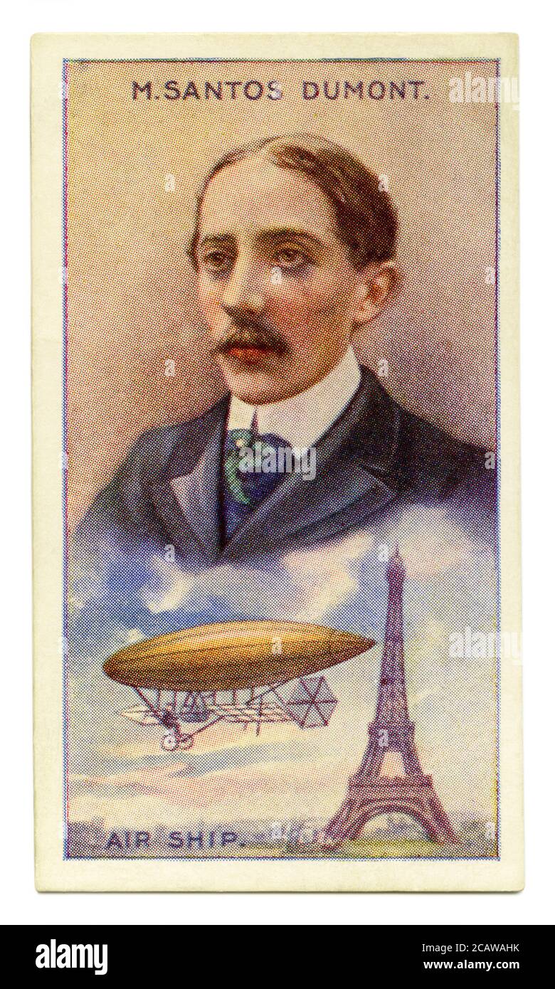 Eine alte Zigarettenkarte (c. 1929) mit einem Porträt von Alberto Santos-Dumont (1873–1932) und einer Illustration seines Luftschiffs. Dumont war ein brasilianischer Erfinder und Luftfahrtpionier in der Entwicklung von Flugzeugen, die leichter als Luft und schwerer als Luft sind. Santos-Dumont arbeitete in Paris, wo er den größten Teil seines Erwachsenenlebens verbrachte. In seiner frühen Karriere entwarf und flog er Heißluftballons und gewann 1901 den Deutsch de la Meurthe-Preis für einen Flug rund um den Eiffelturm. 1906 machte seine 14-bis den ersten angetriebenen schwereren Flug in Europa. Seine Innovationen hat er nicht patentiert. Stockfoto
