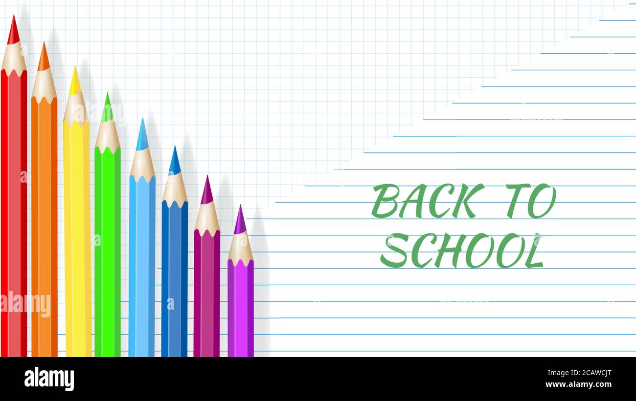 Back to School - Übungsheft mit Buntstiften. Vektor Stock Vektor