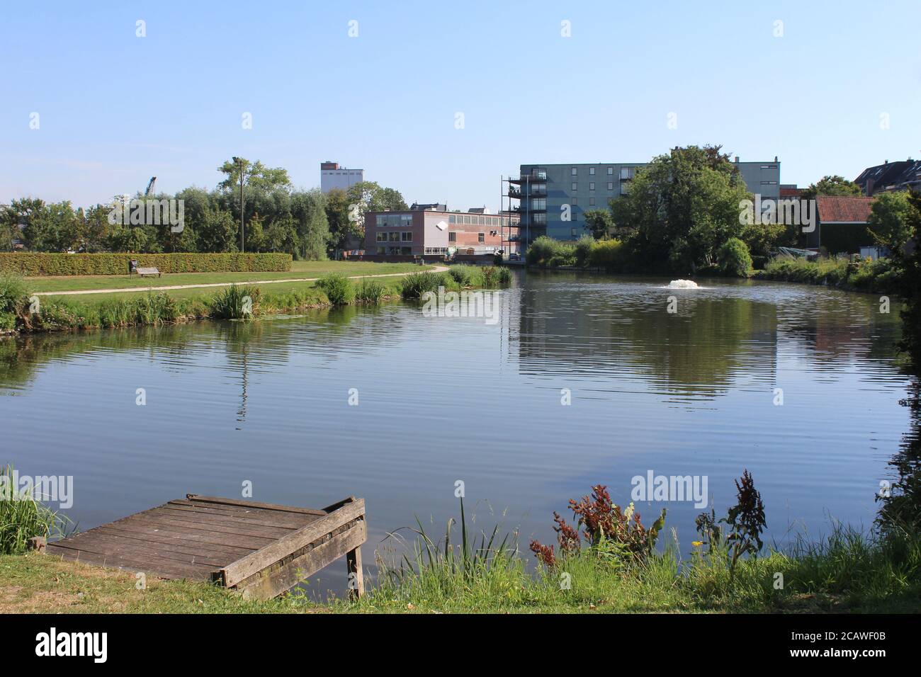 Blick auf Martin's Park (Martinuspark) in Deinze, Belgien, Blick über den Fischteich in Richtung Stadtzentrum, an einem sonnigen Sommertag. Stockfoto