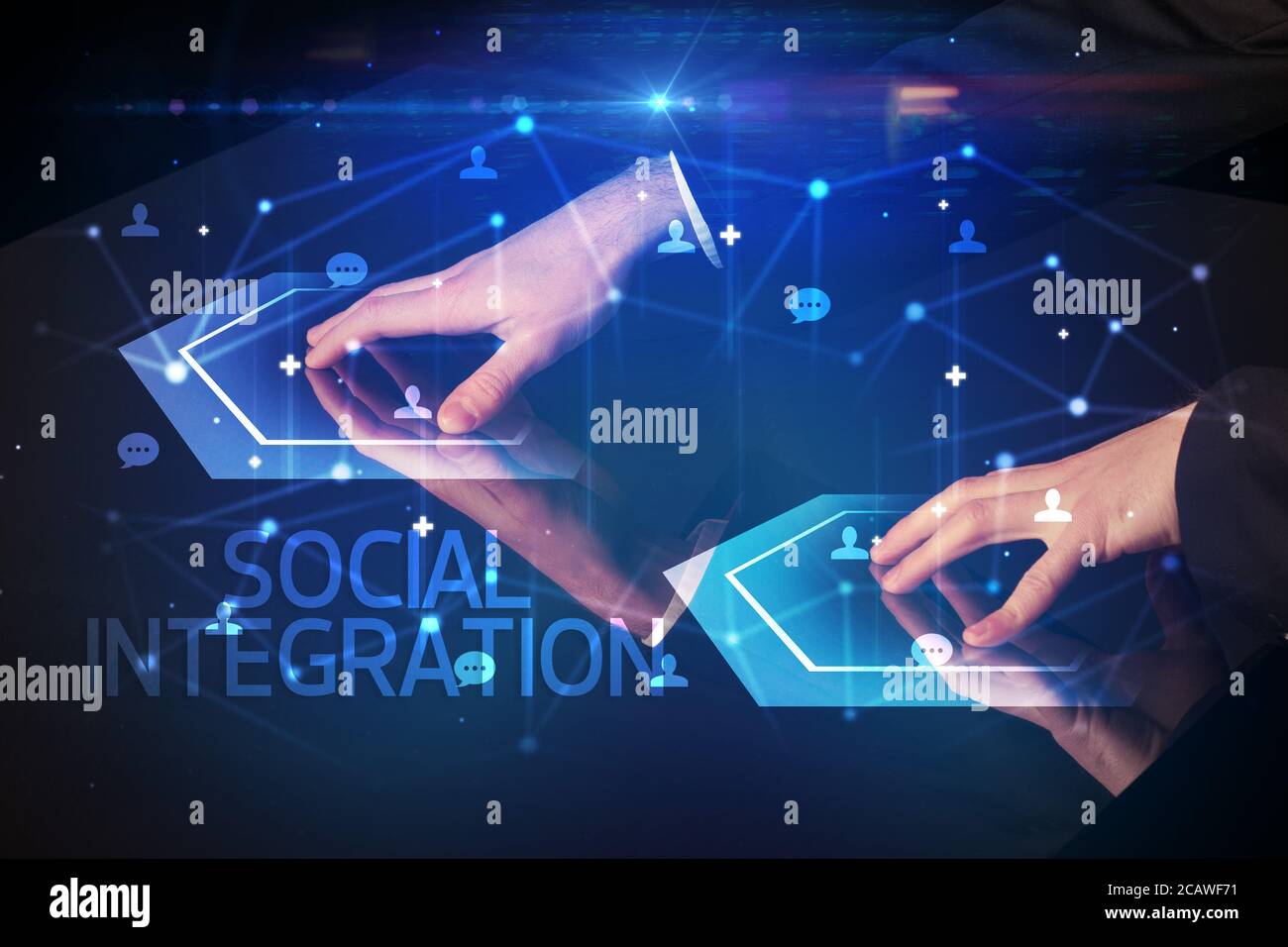 Navigation in sozialen Netzwerken mit SOCIAL INTEGRATION, neues Medienkonzept Stockfoto