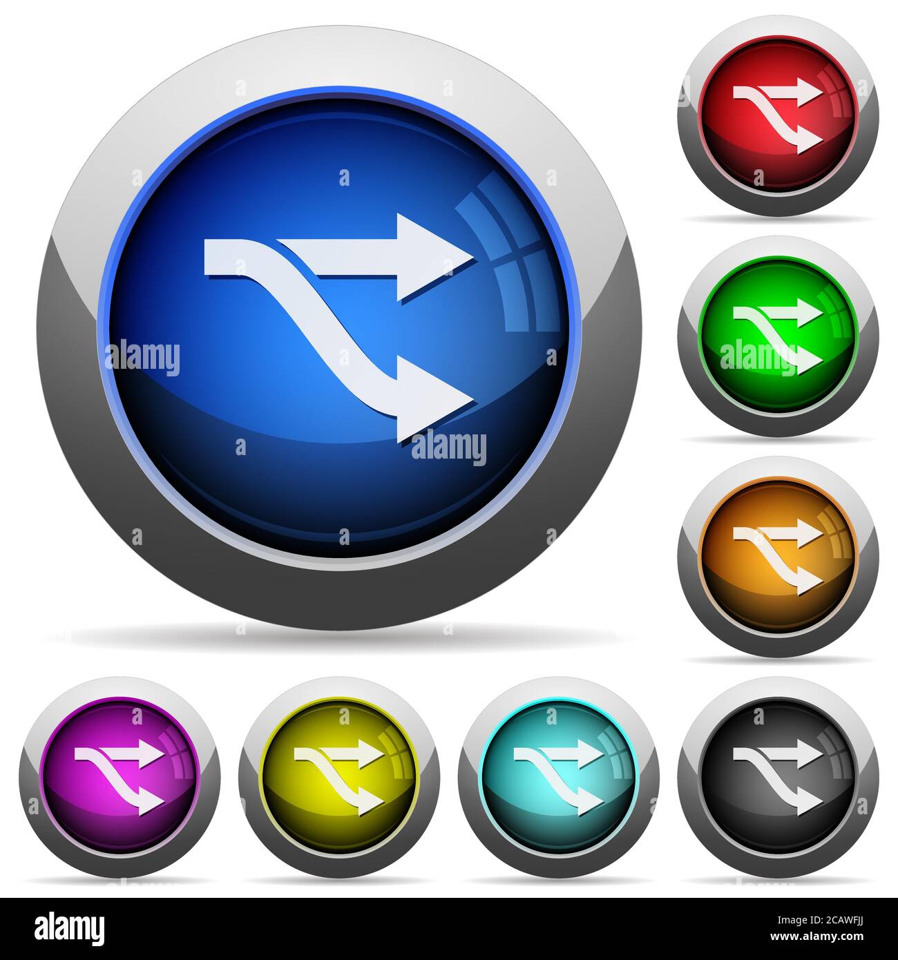 Gabelsymbole in runden glänzenden Knöpfen mit Stahlrahmen Stock Vektor