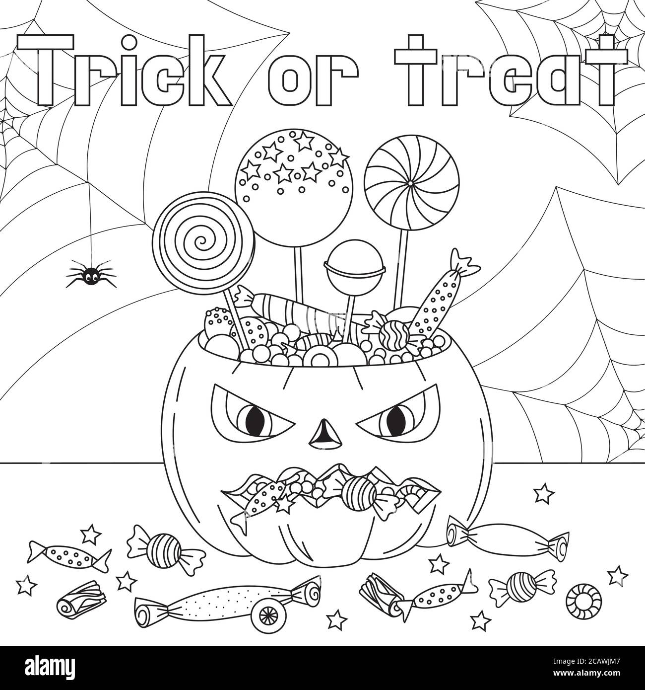 Trick or Treat Malseite. Halloween Malvorlagen für Kinder. Cartoon Kinder in Halloween Kostümen. Nette Spinne. vektor-Illustration Stock Vektor