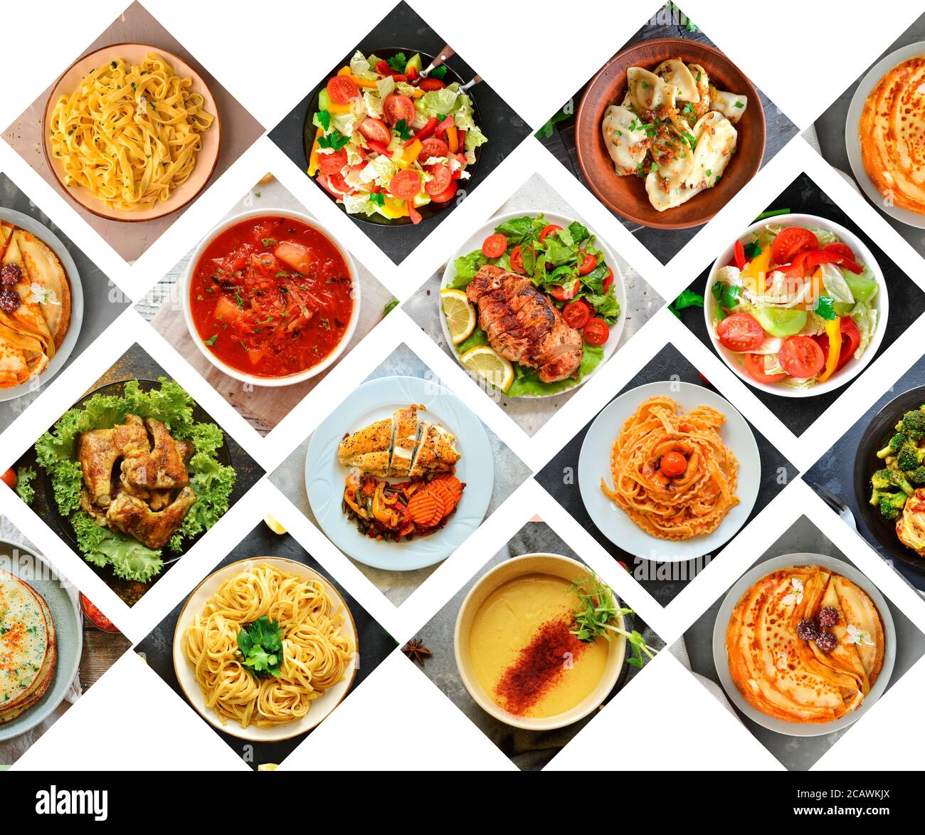 Collage aus natürlichen Lebensmitteln. Hintergrund für das Essen. Gemüse- und Fleischgerichte. Essen auf den Tellern. Menüabdeckung. Freier Speicherplatz für Text Stockfoto