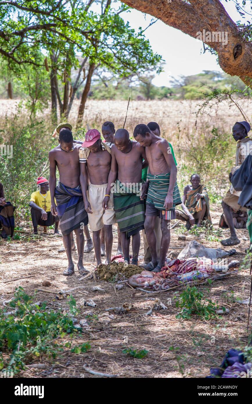 Eine Gruppe von Männern, die während eines landwirtschaftlichen Ritus unter Karamojong-Menschen, Moroto District, Uganda, stehen Stockfoto