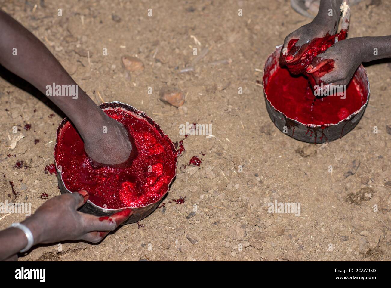 Reinigung von frischem Blut von Gerinnseln in einer Karamojong-Siedlung bei Nacht, Moroto District, Uganda Stockfoto