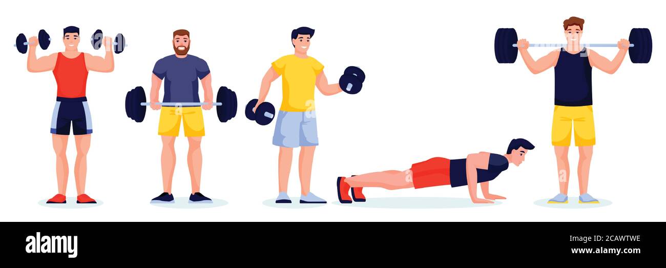 Männliche Athleten oder Bodybuilding-Trainer in verschiedenen Posen auf weißem Hintergrund. Fitness- und Fitnessfiguren mit Hanteln und Hanteln. Vektor flach Stock Vektor