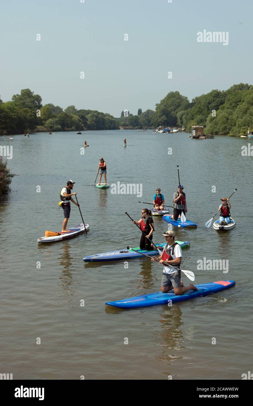 Paddlebarder bereiten sich darauf vor, auf der themse in Ham, surrey, england, an Land zu kommen Stockfoto