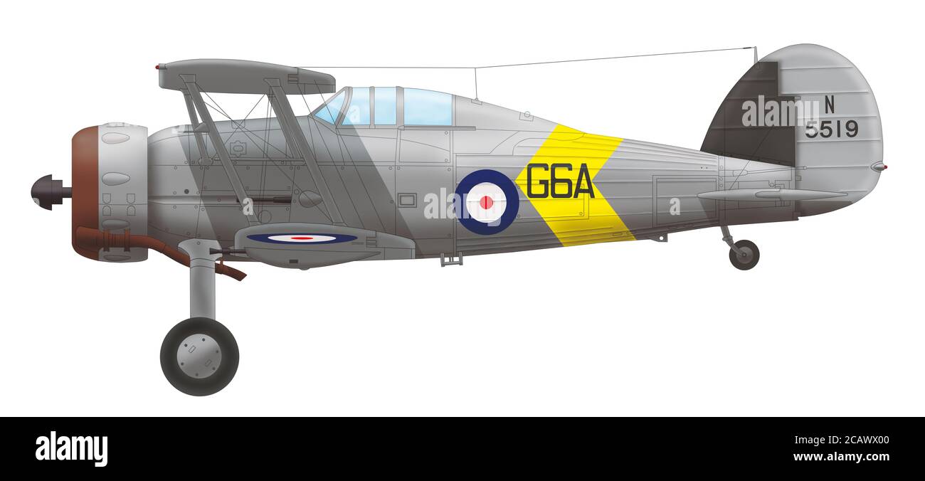 Gloster Sea Gladiator (G6A, Seriennummer N5519) der Naval Air Squadron Nr. 802 FAA, HMS Glorious, 1939 Stockfoto