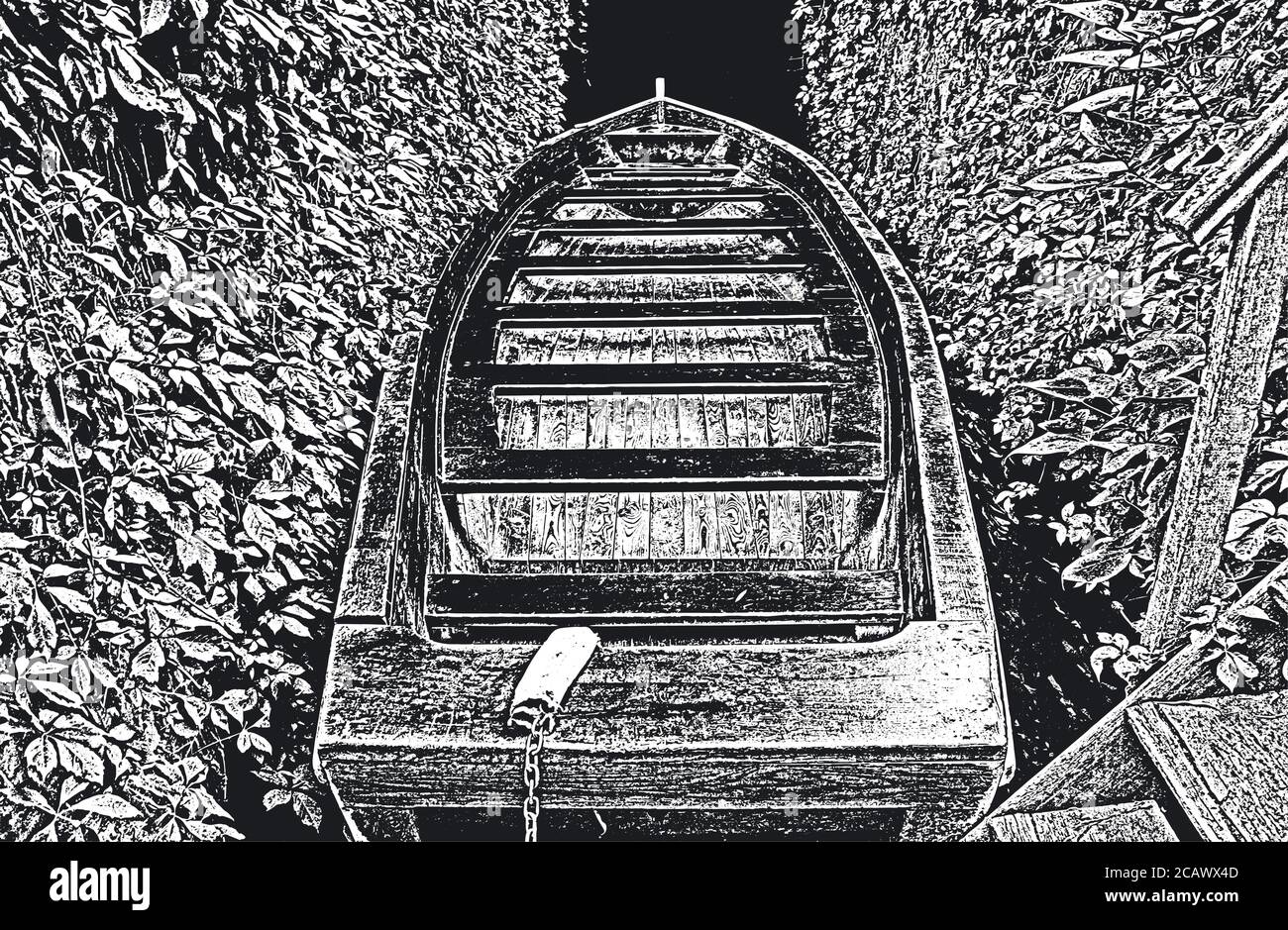 Alte abgenutzte Holzboote am Flussufer. Vektorgrafik „Distressed“. Schwarzer und weißer Hintergrund. Stock Vektor