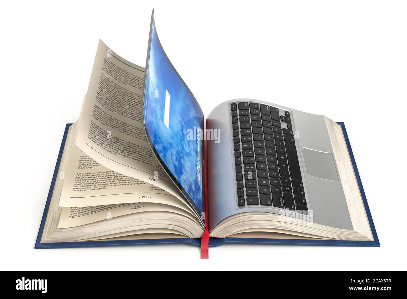 Online-Bibliothek, Online-Bildung oder E-Learning-Internet-Konzept. Öffnen Sie Laptop und Buch zusammenstellung. 3d-Illustration Stockfoto