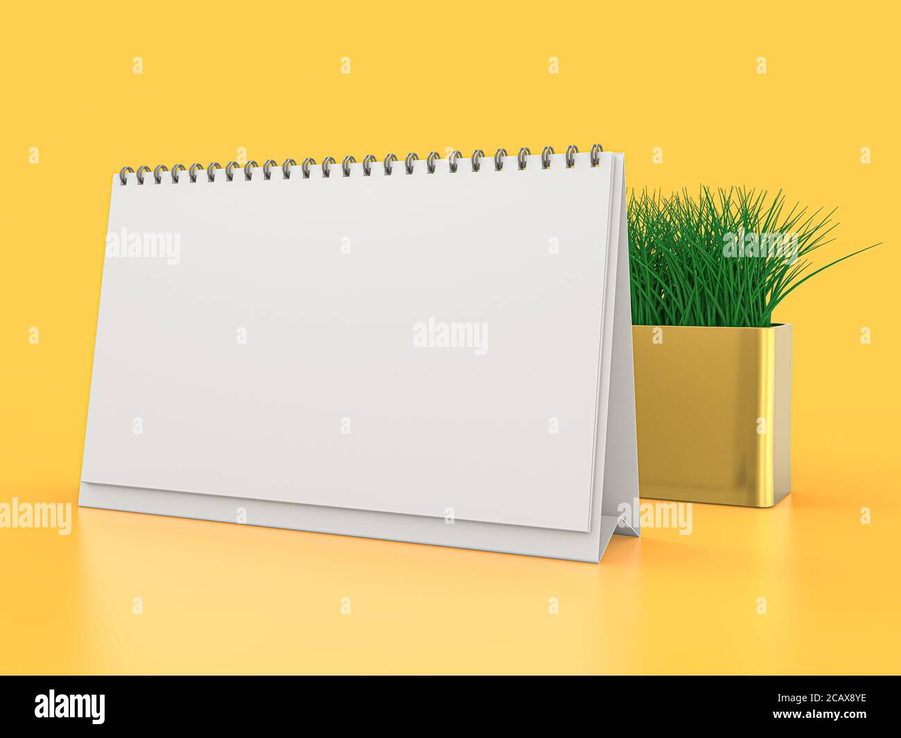 Schreibtisch leeres Kalendermockup auf gelbem Hintergrund. 3D-Rendering Stockfoto