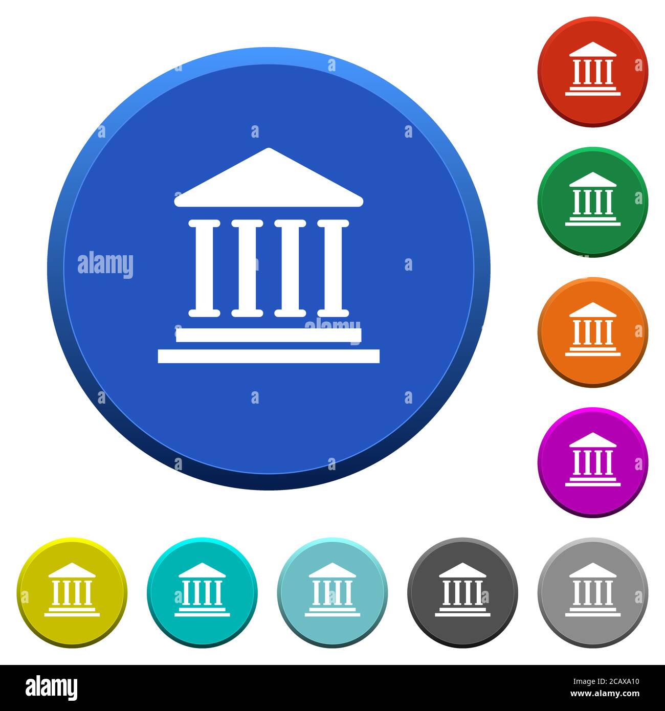 Bankgebäude mit runden, abgeschrägten Knöpfen mit glatten Oberflächen und flachen weißen Symbolen Stock Vektor