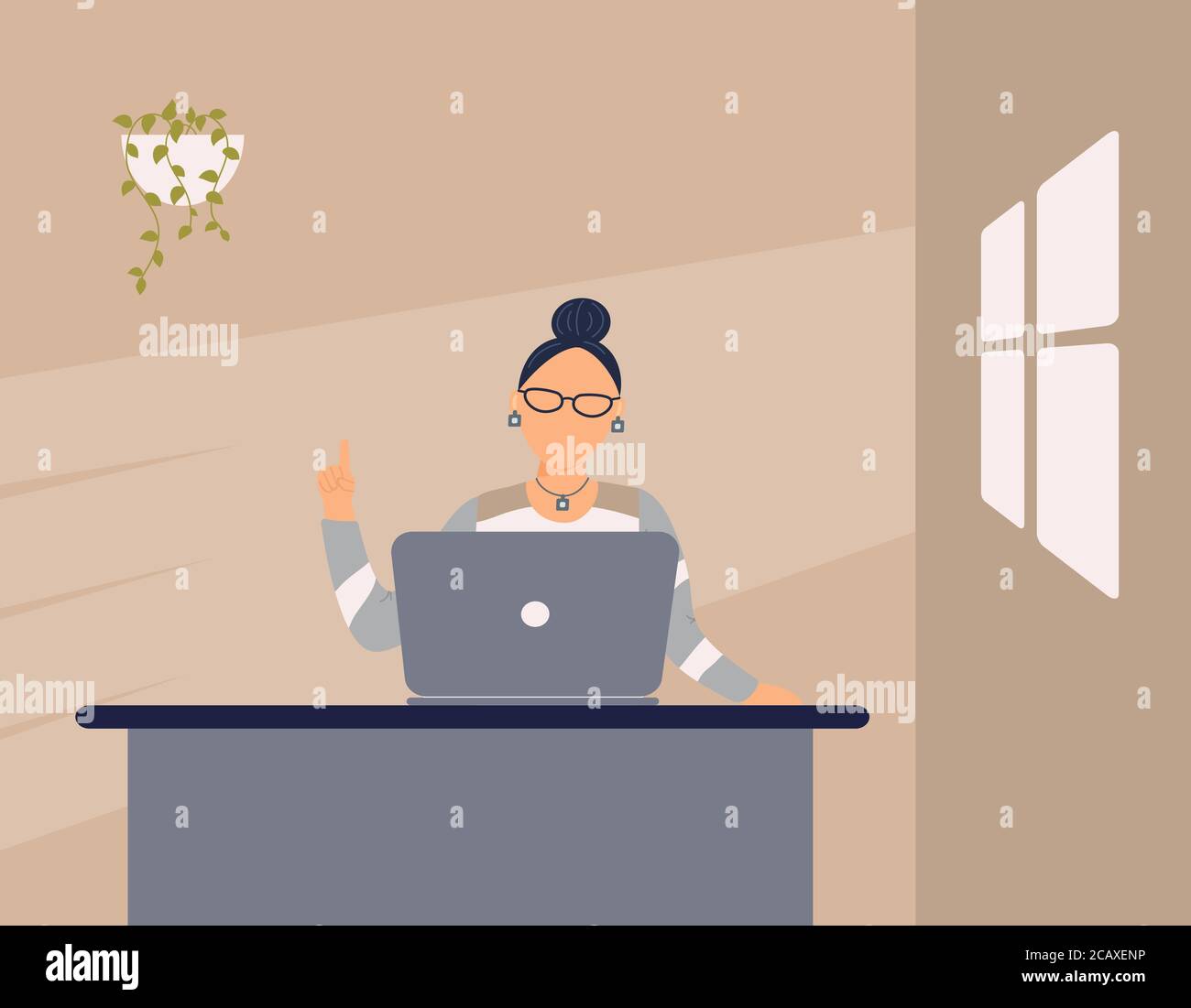 Liebenswert Frau Tutor Arbeit auf Laptop in der Wohnung.Remote-Arbeit, Fernunterricht oder Online-Training während der Virus-Epidemie.Lady Trainer oder Coach Stock Vektor