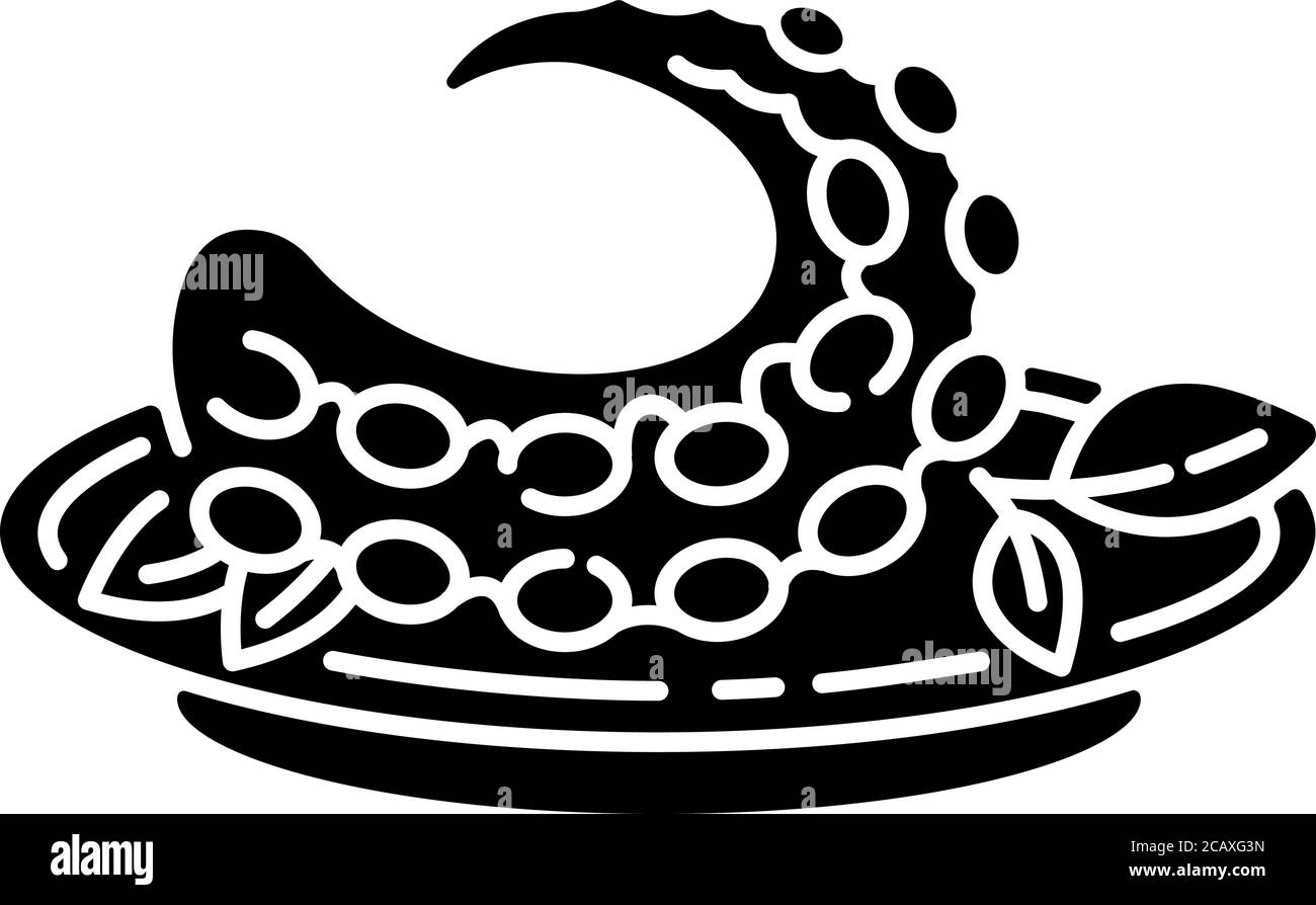 Schwarzes Polvo-Glyphen-Symbol. Portugiesische Krake. Traditionelles Gericht mit frischen Meeresfrüchten. Japanischer nahrhafter Fisch. Orientalische Küche. Silhouette-Symbol ein Stock Vektor