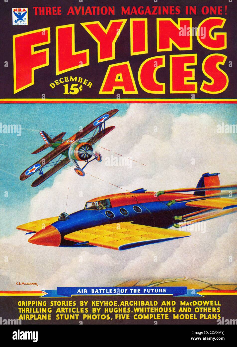 Vintage Frontcover des Flying Aces Magazins für Dezember 1934, illustriert von C.B. Mayshark. Stockfoto