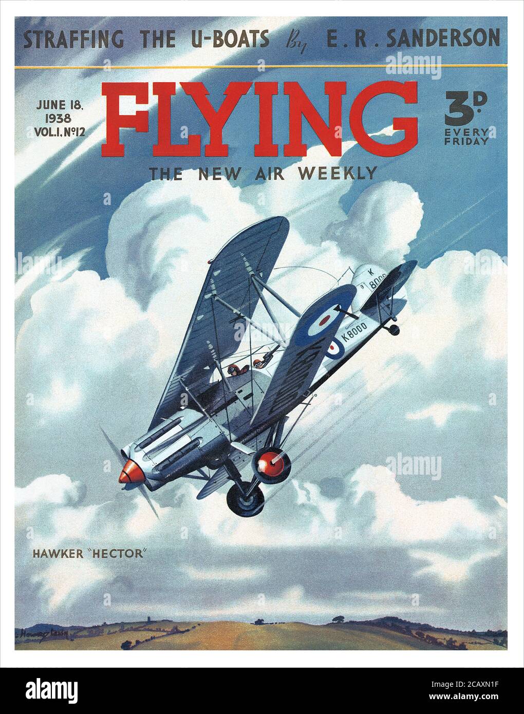 Vintage Frontcover des Flying Magazins für den 18. Juni 1938, mit einer Illustration eines Hawker Hector von Howard Leigh. Stockfoto