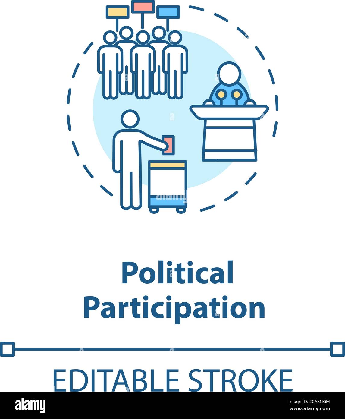 Politische Partizipation Konzept Symbol. Politische Beteiligung Idee dünne Linie Illustration. Aktivisten. Wahlen und Wahlen. Vektor-isolierter Umriss RGB Stock Vektor