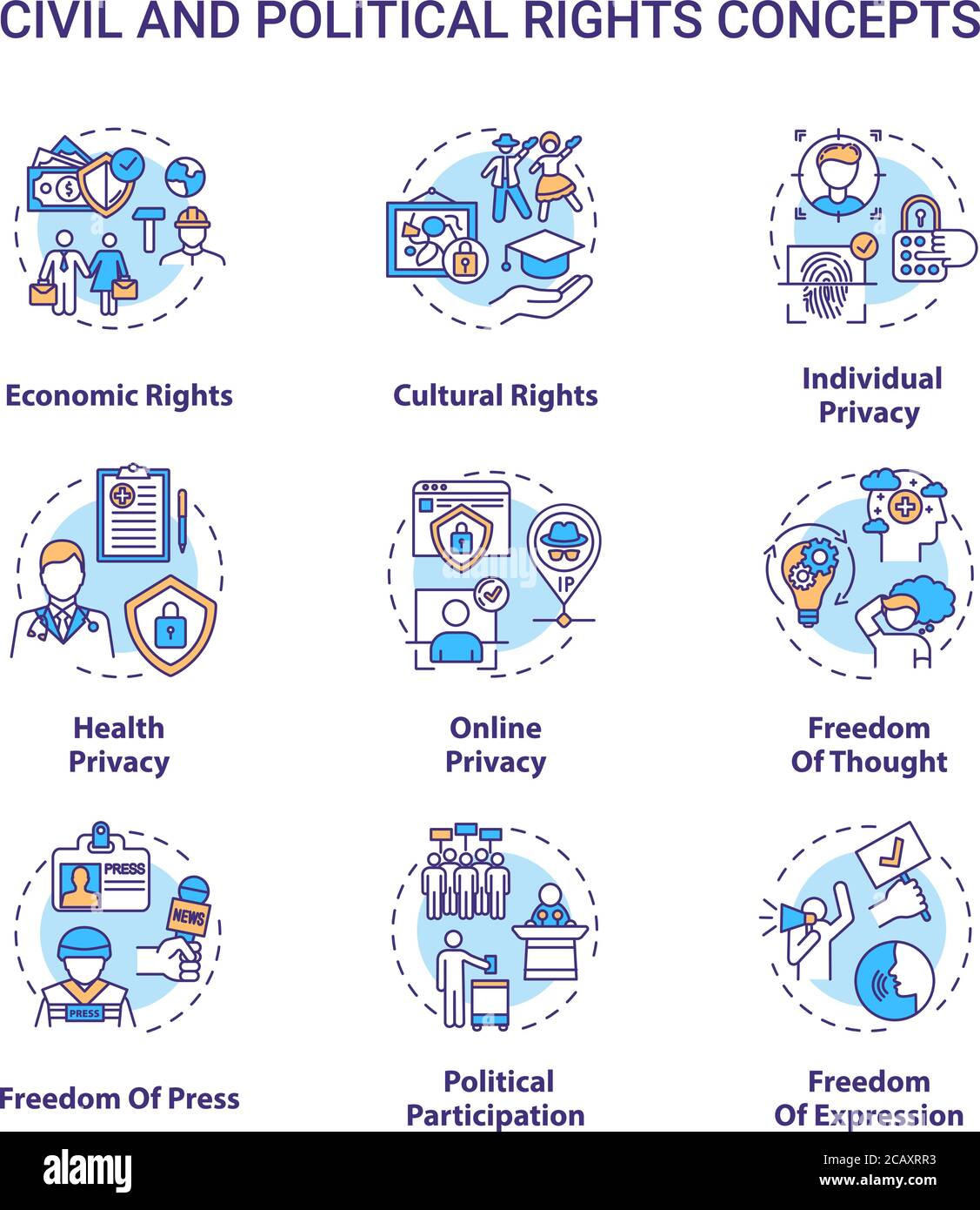 Bürgerliche und politische Rechte Konzept Icons gesetzt. Grundlegende Menschenrechte Idee dünne Linie RGB-Farbabbildungen. Freie Meinungsäußerung und Pressefreiheit. Online Stock Vektor
