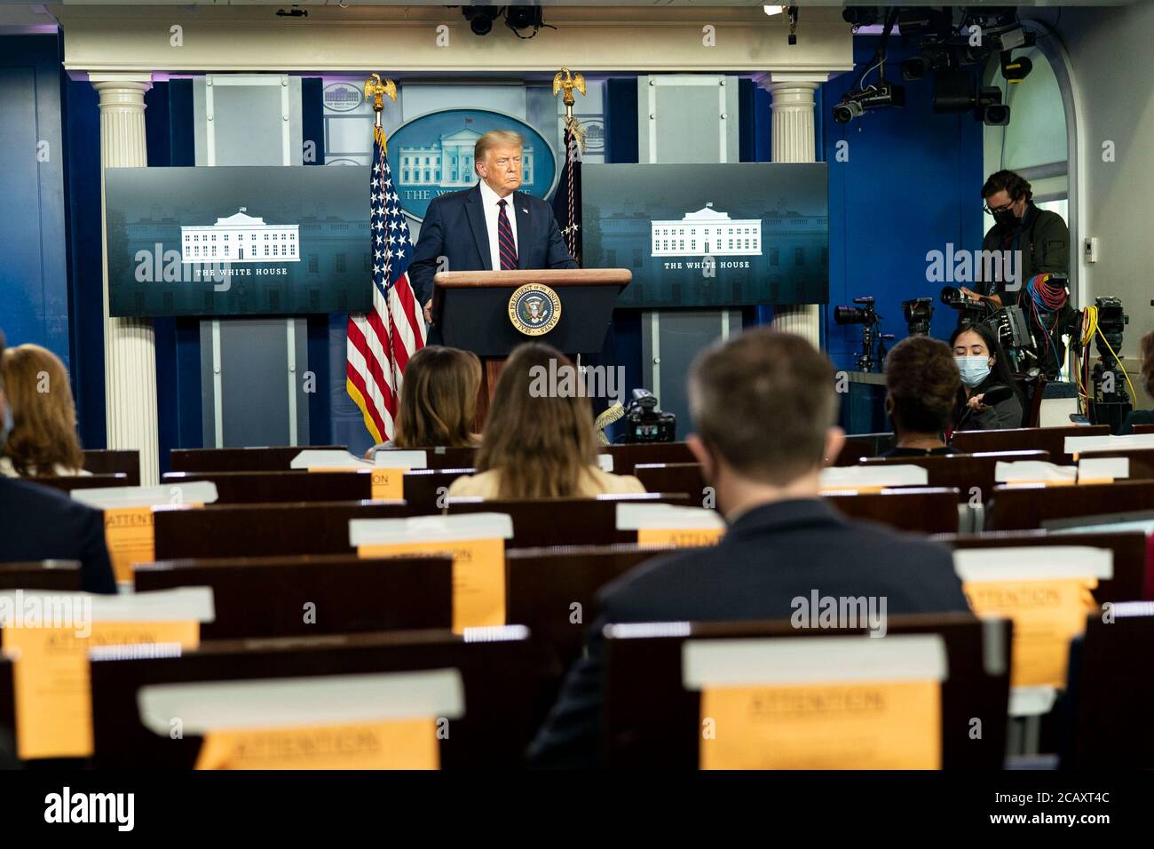 US-Präsident Donald Trump hält am 4. August 2020 im Pressesaal des Weißen Hauses in Washington, DC, ein Coronavirus-Update für die Medien ab. Stockfoto